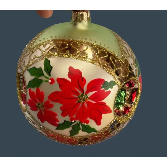 Crown Reflections Red Poinsettia Indented Blown Glass Ornament 4 1/2" Poland - Picture 5 of 6